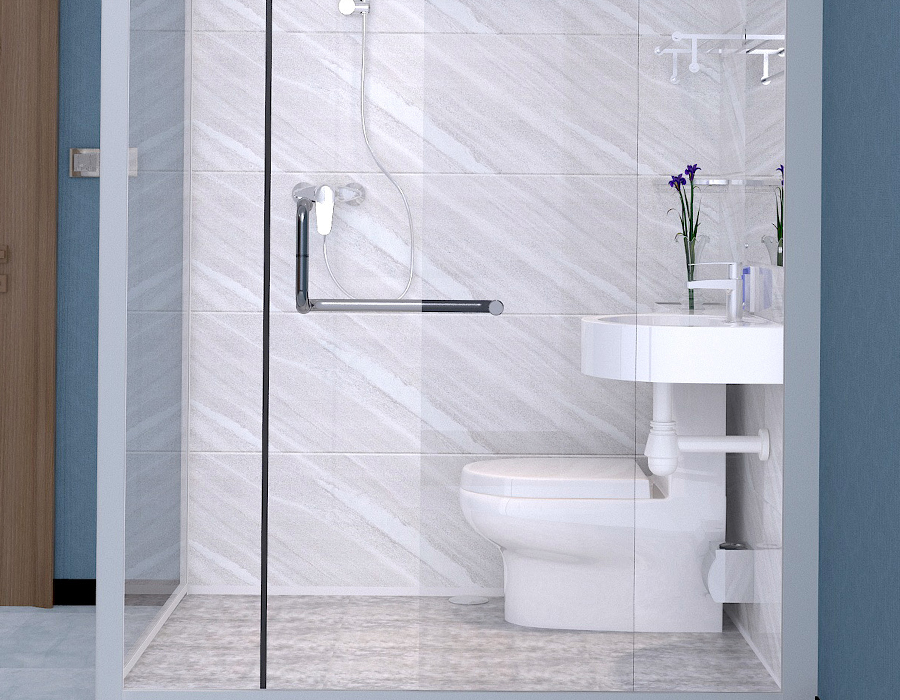 Banheiro integrado modular de parede de vidro com painéis interiores de fibra de resina PEC
