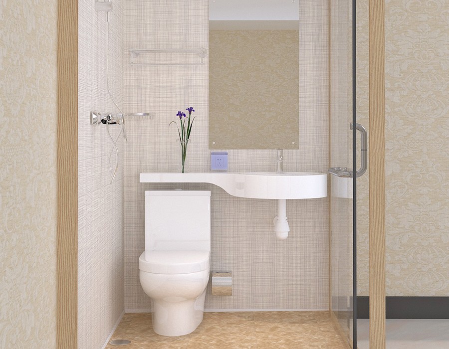 Banheiro modular de hotel com painéis de parede interior de fibra de resina PEC e paredes externas de vidro