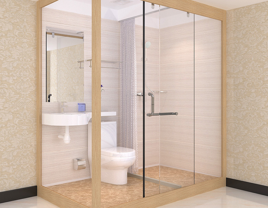 Banheiro modular de hotel com painéis interiores de fibra de resina PEC e paredes externas de vidro