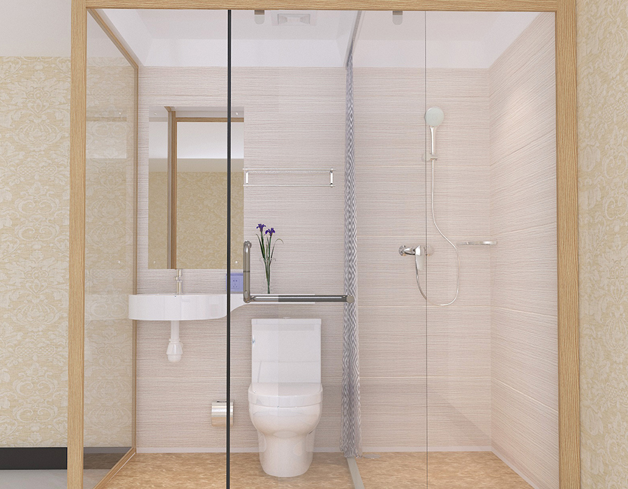 Banheiro modular de hotel com painéis interiores de fibra de resina PEC e paredes externas de vidro