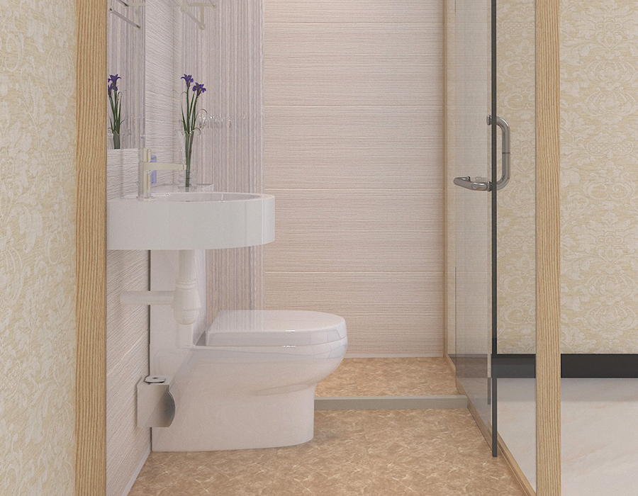 Banheiro modular de hotel com painéis interiores de fibra de resina PEC e paredes externas de vidro