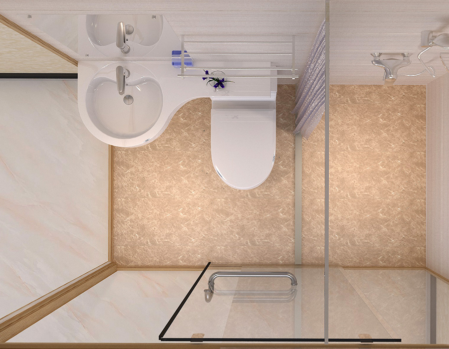 Banheiro modular de hotel com painéis interiores de fibra de resina PEC e paredes externas de vidro
