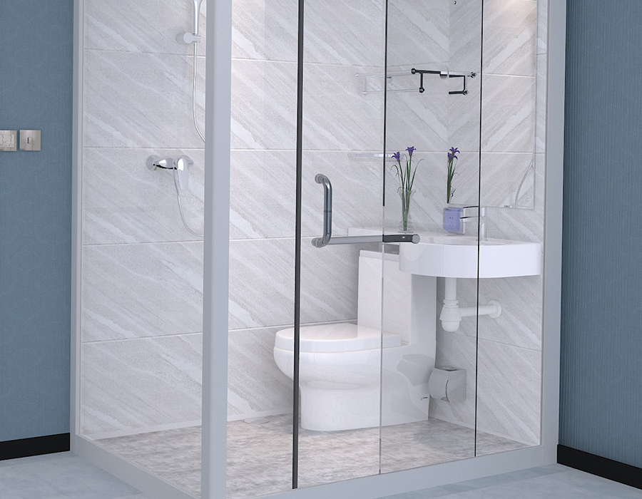 Banheiro integrado modular de parede de vidro com painéis interiores de fibra de resina PEC