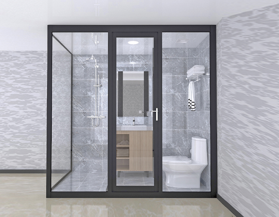 Banheiro com conjunto de vidro para parede externa